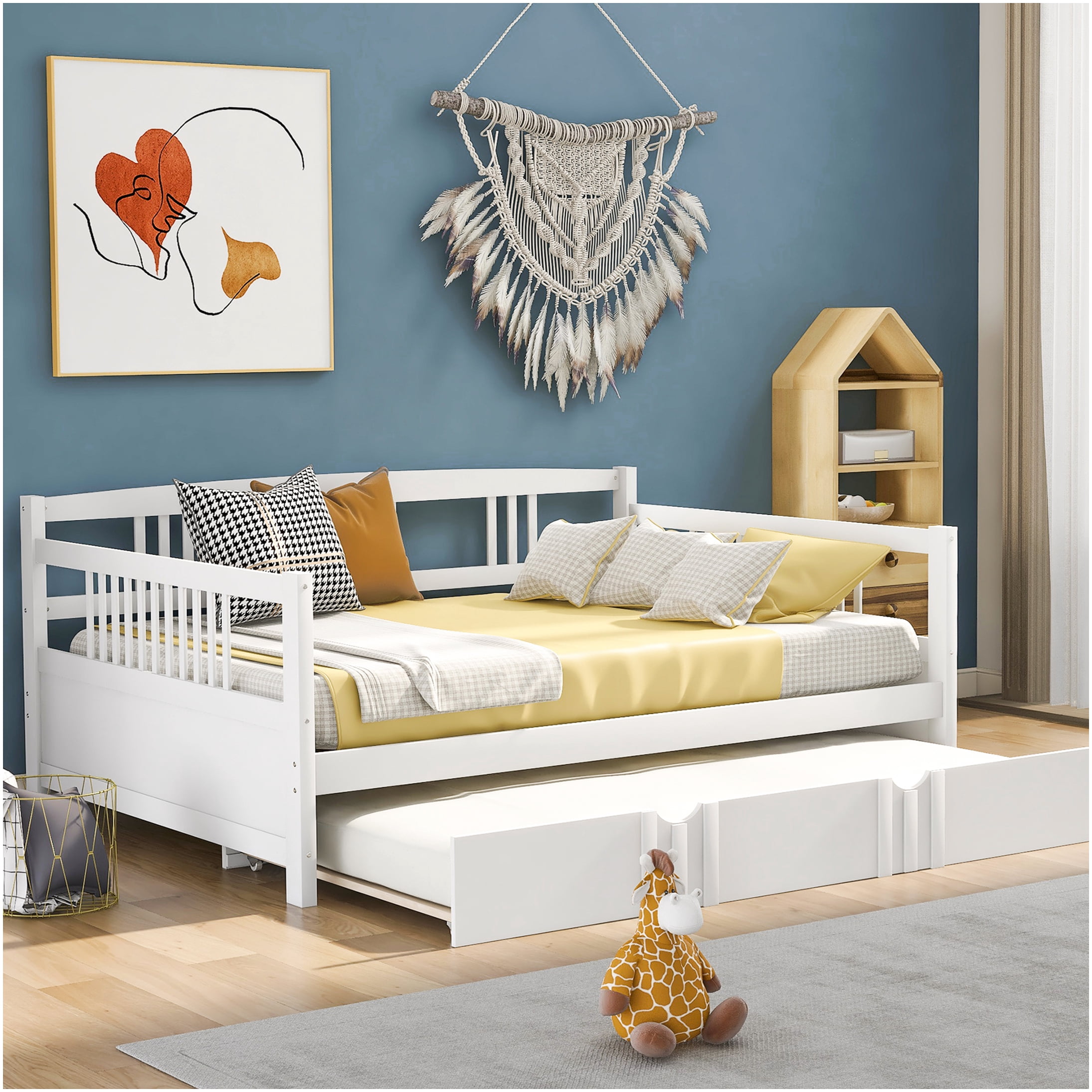 Full Size Daybed with Trundle, White Solid Wood Frame, Space Saving
