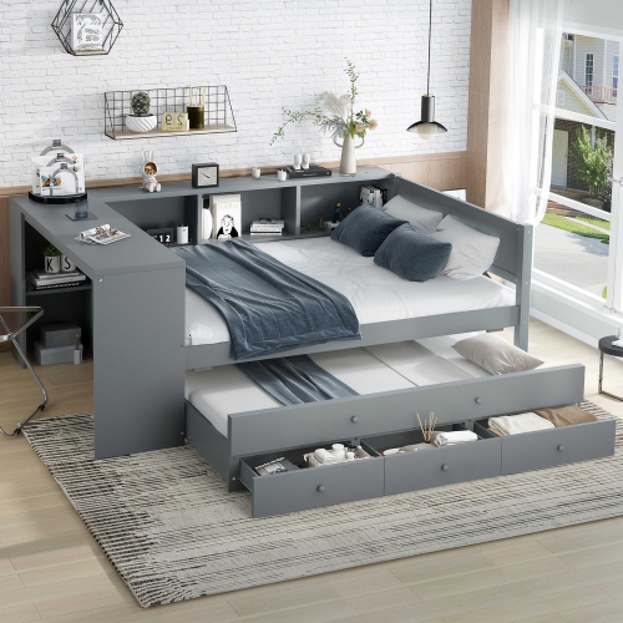 Full Size Daybed with Trundle, Wood Day Bed Frame with Storage Drawers