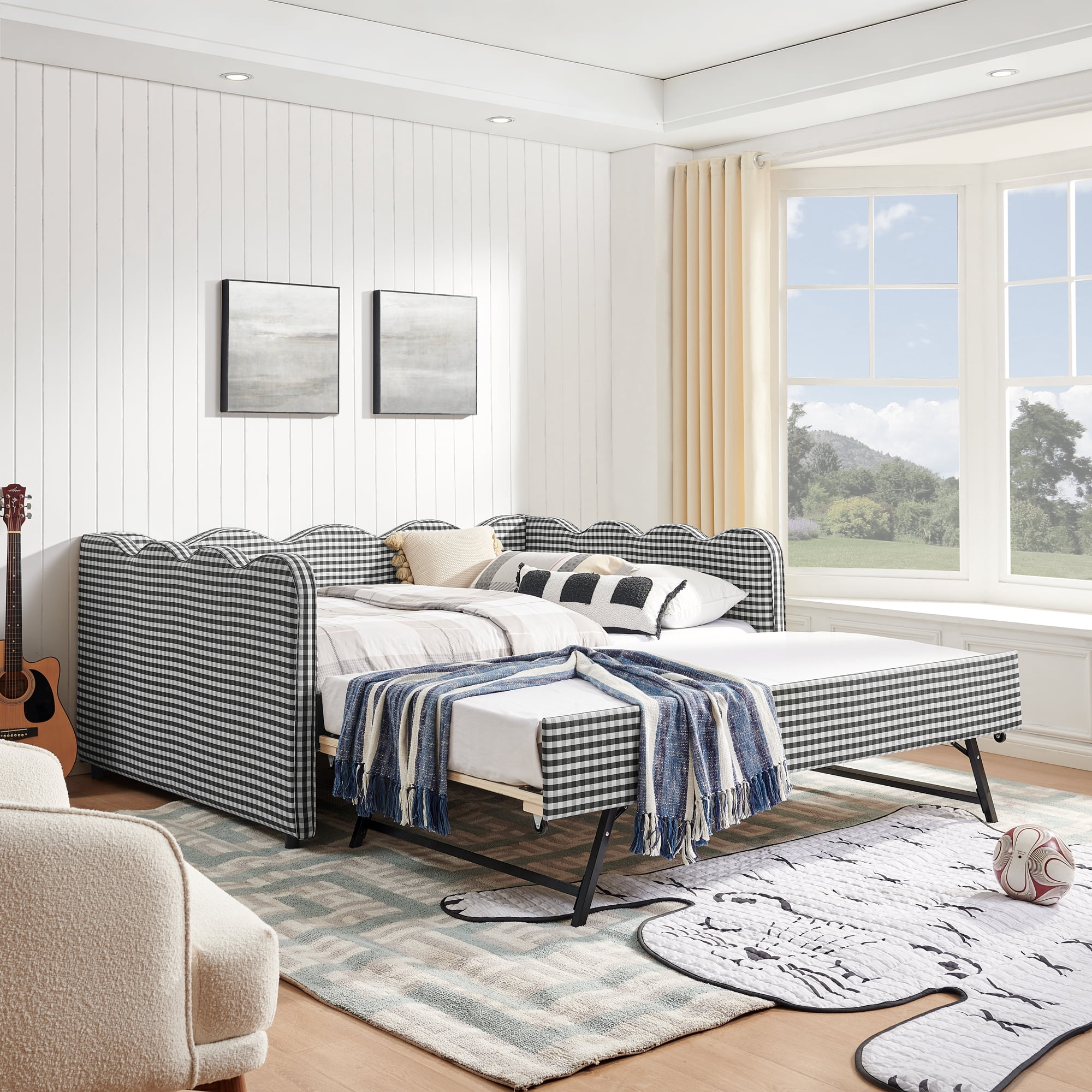 Full Size Daybed with Trundle and USB Port Upholstered Sofa Bed Gingham Linen Kids Guest Bed Frame, No Box Spring Needed, Black
