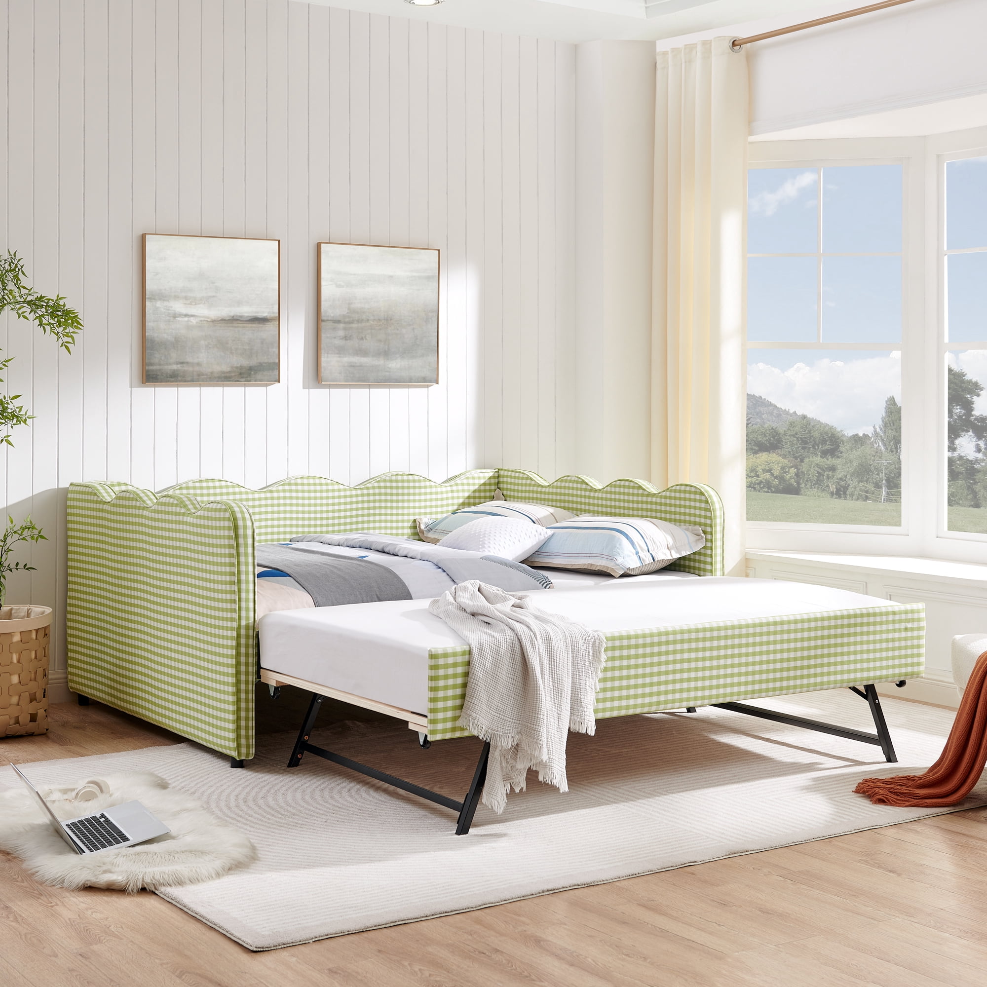 Full Size Daybed with Trundle and USB Port Upholstered Sofa Bed Gingham Linen Kids Guest Bed Frame, No Box Spring Needed, Green