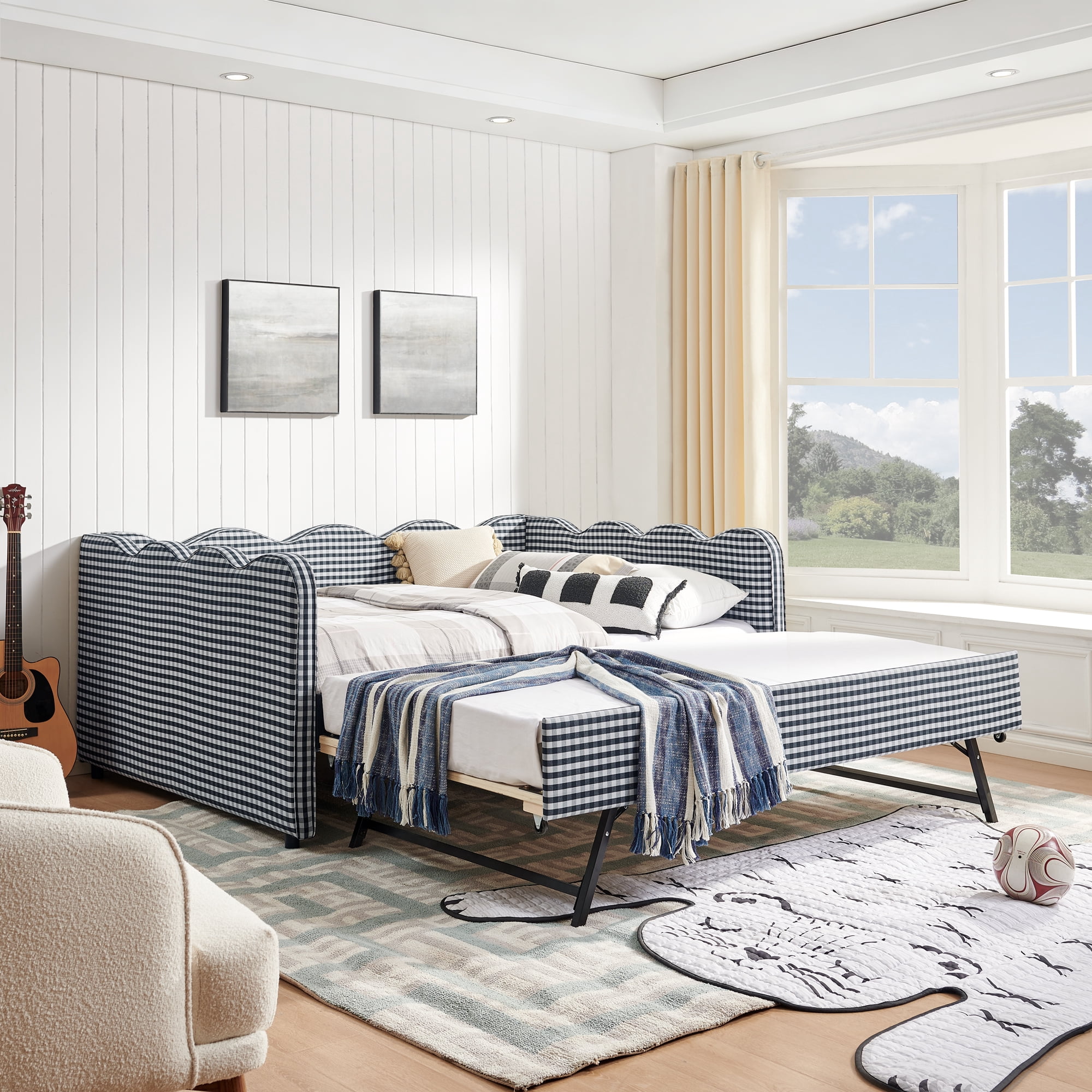 Full Size Daybed with Trundle and USB Port Upholstered Sofa Bed Gingham Linen Kids Guest Bed Frame, No Box Spring Needed, Navy