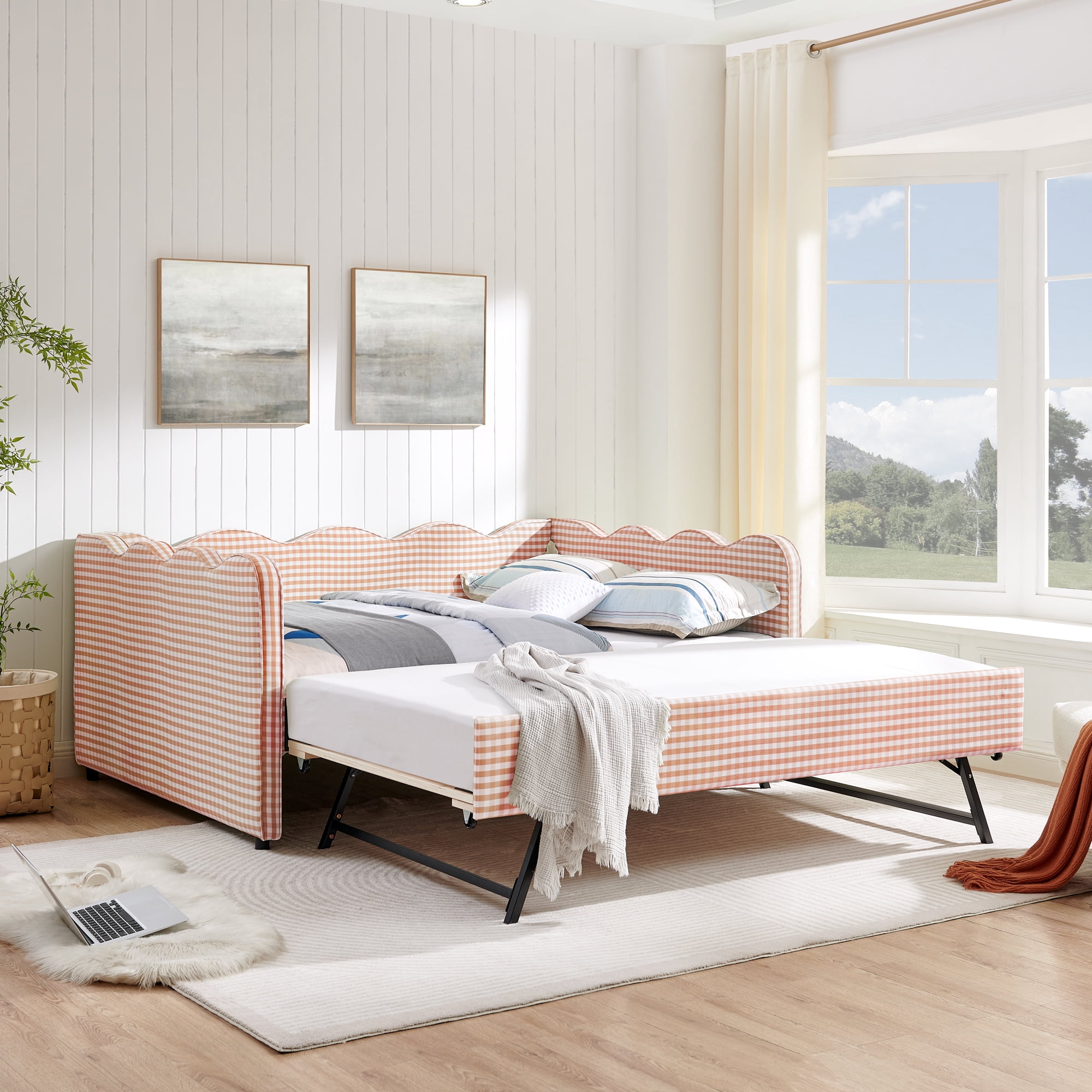 Full Size Daybed with Trundle and USB Port Upholstered Sofa Bed Gingham Linen Kids Guest Bed Frame, No Box Spring Needed, Pink