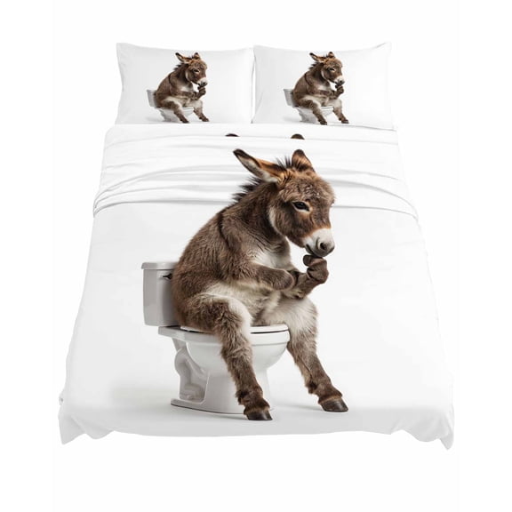 Full Size Donkey Sitting on The Toilet Thinking Sheet Sets Abstract Funny Animal Soft Breathable Microfiber Bed Sheets 4 Piece Bed Sheets Set, 1 Fitted Sheet, 1 Flat Sheet & 2 Pillowcases