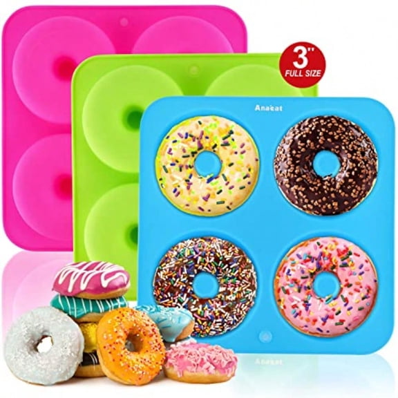 Full Size Donut Baking Pans 3 Pack Big Size 4 Inch Silicone Baking Mold Just Pop Out! Non Stick 6-Cavity Doughnut Trays for Bagels Donuts Cake Biscuit -  and Dishwasher Safe 3 colors