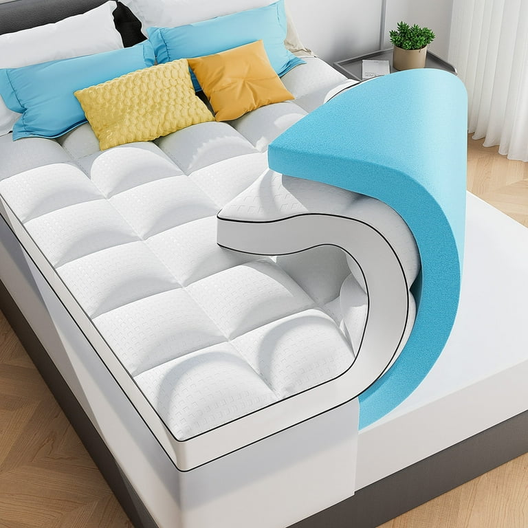 KAYFIA 3-Inch Dual Layer Memory Foam Mattress Topper Queen - Cooling Gel & Pillow Top, Deep Pocket