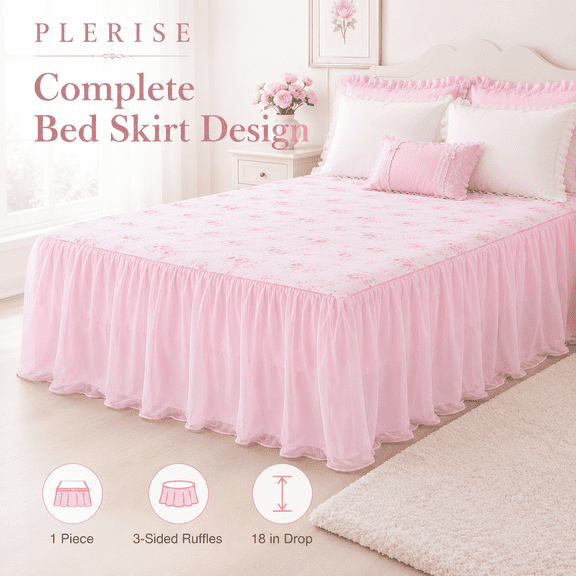 Full Size Dust Ruffled Bed Skirt, Pink Floral Cotton Lace Bed Ruffle with Platform, 18 Inch Deep Drop Wrap Around Bed Skirt for Girls Bedroom, 75 x 54 Inch