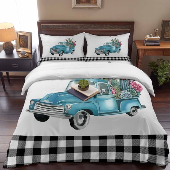 Full Size Duvet Cover 4 Piece Bedding Set Farmhouse Truck Cacti Flower Bed Sheet Sets Soft Microfiber Comforter Cover with Flat Sheet 2 Pillow Shams