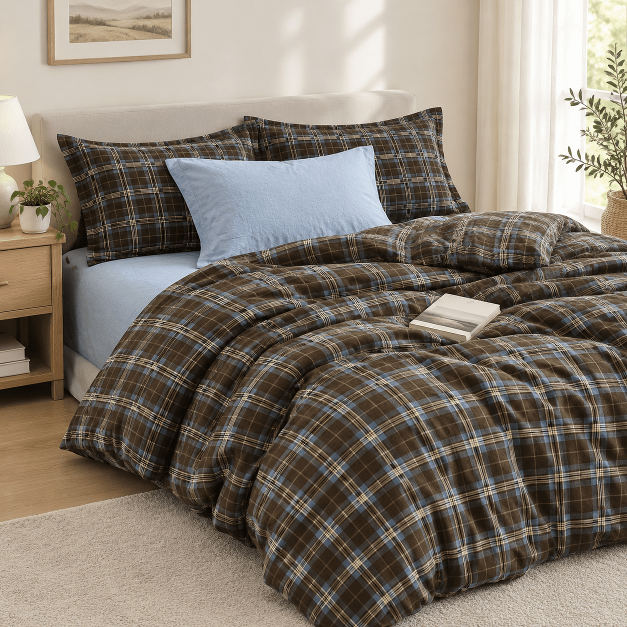 Full Size Duvet Cover Set 3 Piece, 05 - Brown Blue Plaid, Washed Cotton ...