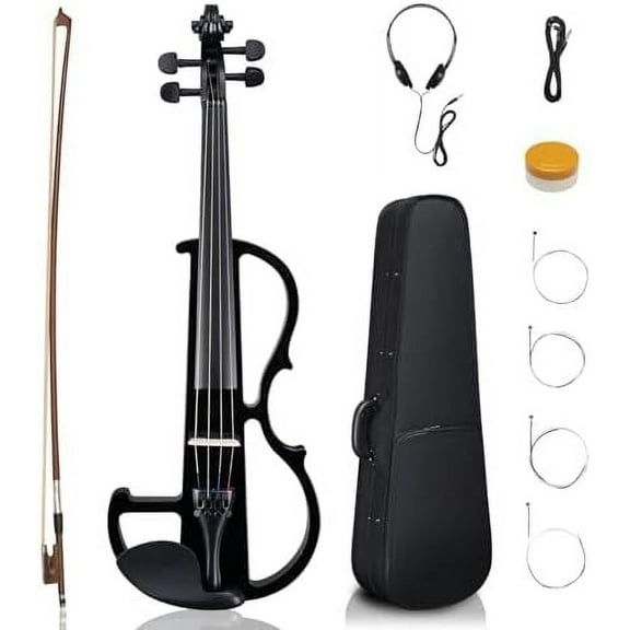 Full Size Electric Violin, 4/4 Acoustic Silent Electric Violin for Beginner Adults Teens with Ebony Fittings, Case, Bow, Headphone, Rosin and Extra String (Black)$$Music