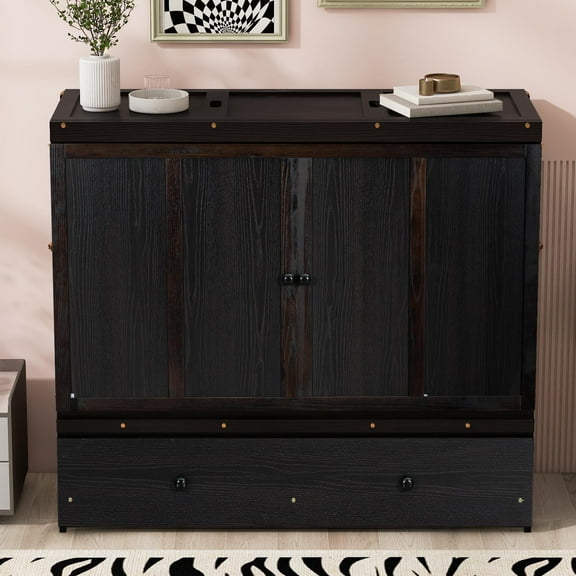 Full Size Espresso Murphy Bed with USB & Drawer | Space-Saving Wall Bed | Solid Wood & MDF | Perfect for Apartments, Guest Rooms, Dorms