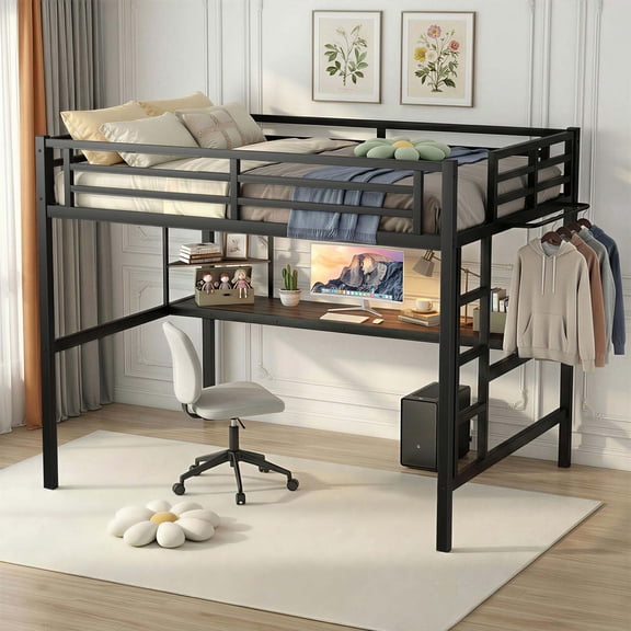 Full Size FIRSCOOK Metal Loft Bed with Desk, USB and LED Lights, Heavy Duty Space-Saving Loft bed Frame with Storage Shelves and Clothes Hook for Bedroom and Apartment, Black