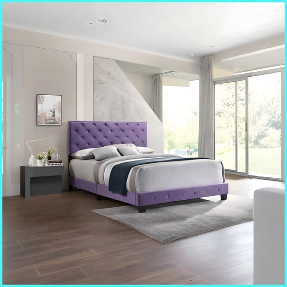Full Size Fabric-Covered Platform Bed with Faux-Wood Legs, Bold Purple Transitional Style for Bedroom