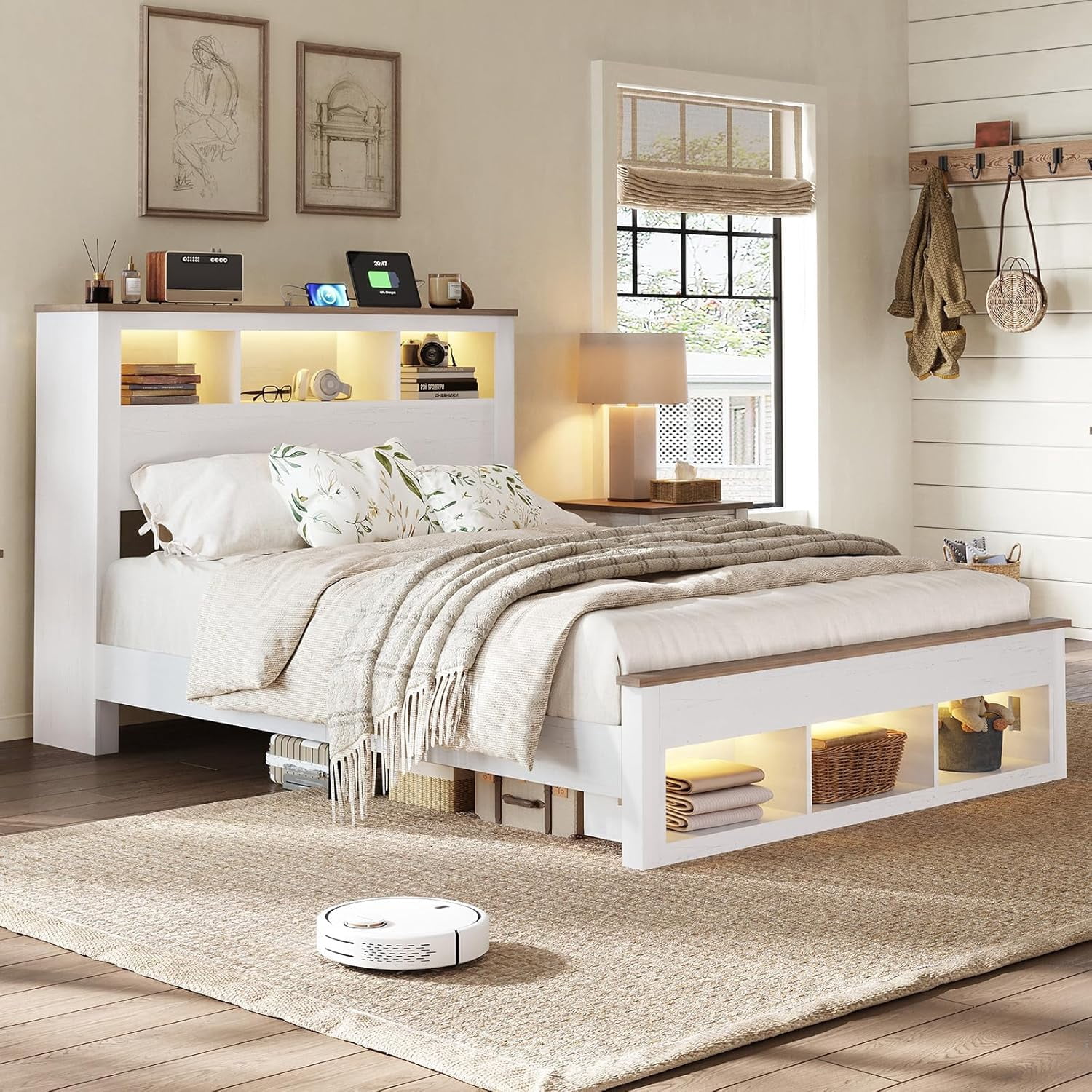Full Size Farmhouse Bed Frame with Storage Bookcase Headboard and ...