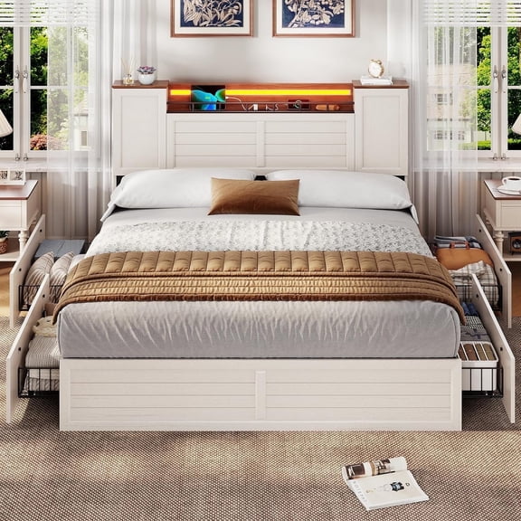 Full Size Farmhouse Bed Frame with Storage Headboard and Double Barn Door Cabinets, Rustic Wooden Bed Frame with 4 Drawers and LED Lights, No Box Spring Needed, White