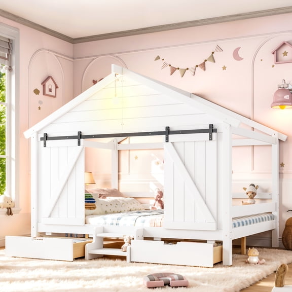 Full Size Farmhouse Bed with Sliding Barn Door and Light Bulb, Wood house Bed Frame with Stair and Drawers, White
