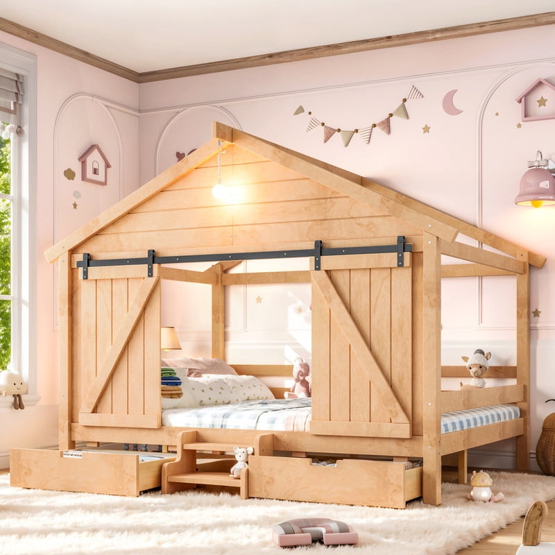 Full Size Farmhouse House Bed with Sliding Barn Doors & Light Bulb, Wood Kid's Platform Bed Frame with Stair & Drawers