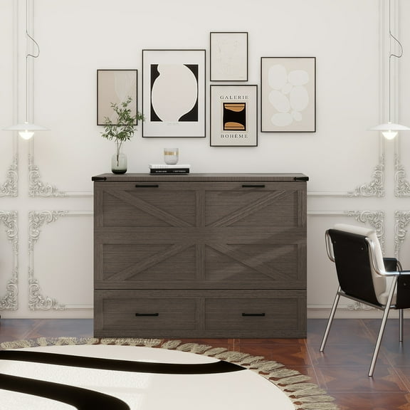 Full Size Farmhouse Murphy Cabinet Bed with Charging Station, Foldable Platform Bed with Large Storage Drawer for Guest-Room, Small Bedroom, Rustic Gray