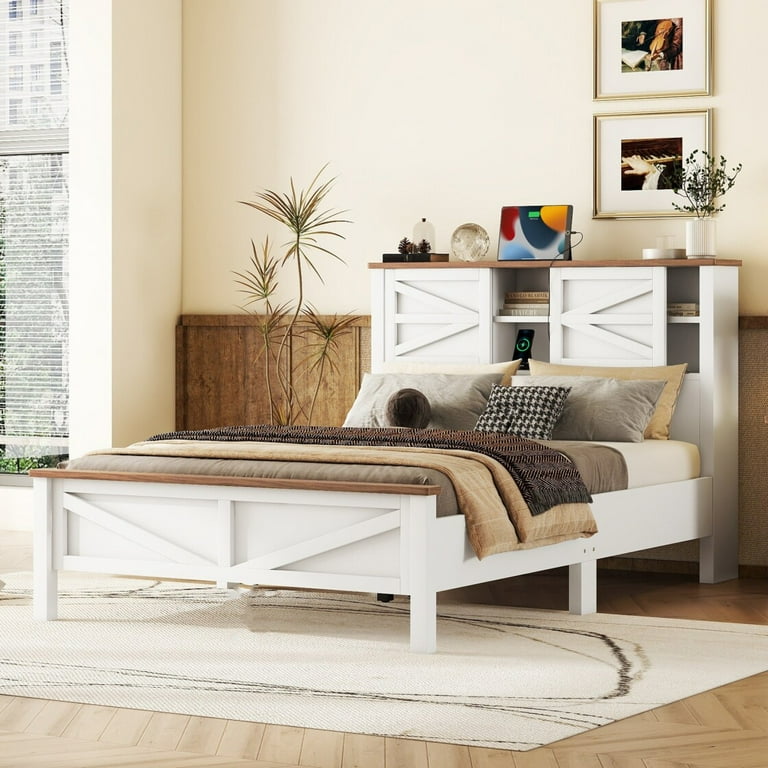 Full Size Farmhouse Platform Bed with Sockets USB Ports Rustic Wood Bed Frame with Double Layer Sliding Door Bookcase Headboard Tall Footboard No Box Spring Required White Brown Walmart