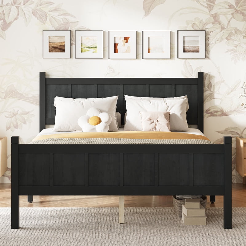 Full Size Farmhouse Platform Bed with Flat Panel Designed Headboard & Footboard, Minimalist Wood Bed Frame with Under-Bed Storage