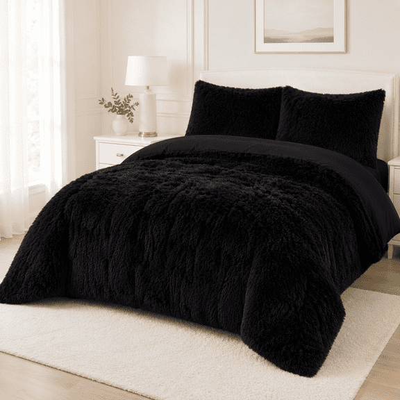 Full Size Faux Fur Comforter Set, Fluffy Plush Bedding Comforter with 2 Pillowcases
