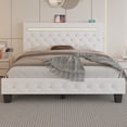 thumbnail image 1 of Full Size Faux Leather LED Bed Frame with Adjustable Headboard Upholstered Platform Bed with Charging Station Diamond Button Tufted Style, White, 1 of 9