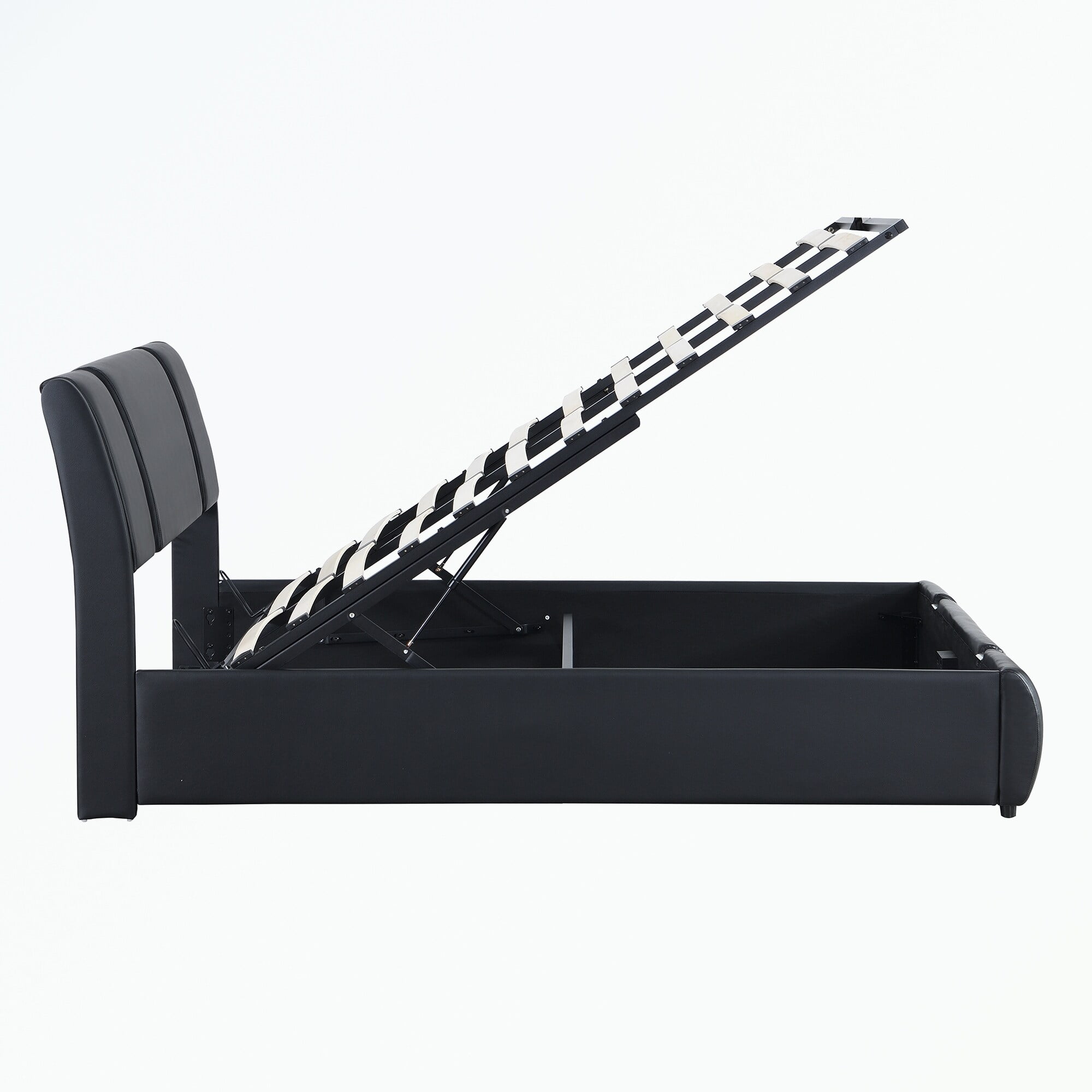 Full Size Black Faux Leather Platform Bed with Hydraulic Storage and Upholstered Headboard