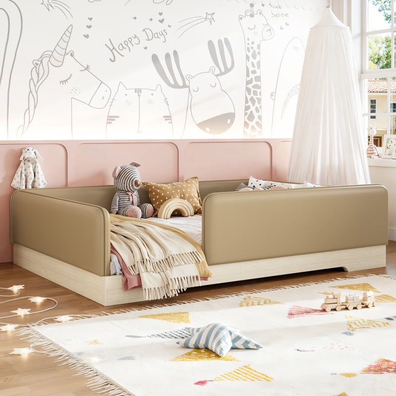 Full Size Faux Leather Upholstered Floor Bed, Kids Montessori Bed Frame with Removable Guardrail, Low Profile Platform Bed