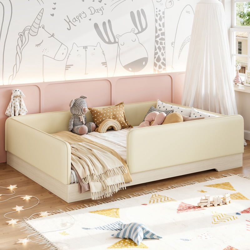 Full Size Faux Leather Upholstered Floor Bed, Kids Montessori Bed Frame with Removable Guardrail, Low Profile Platform Bed