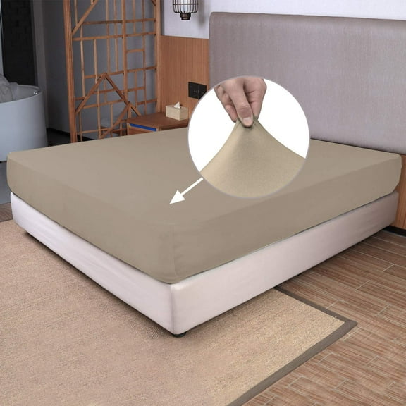 Full Size Fitted Sheet Only - 4-Way Stretch Knit, Snug Fit, Wrinkle Free & Stay in Place, No More Slipping Off for Mattress, Soft & Comfortable - Taupe, Full