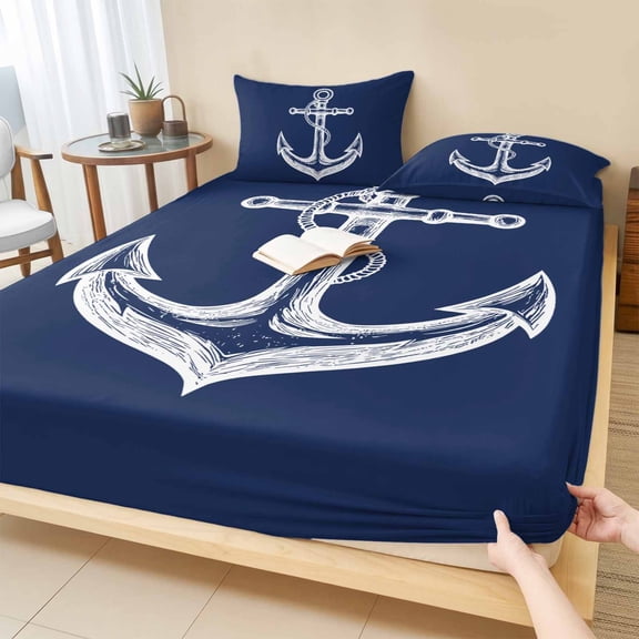 Full Size Fitted Sheet Set - Anchor Navy Blue 3 Piece Bedding Sets 16" Deep Pocket Fitted Sheet with 2 Pillowcases Nautical Coastal Minimalist Boat Rope Brushed Microfiber Hotel Luxury Bed Sheets