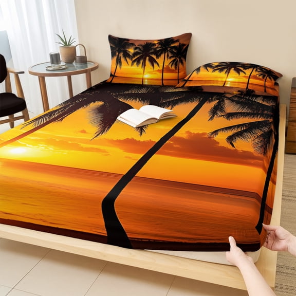 Full Size Fitted Sheet Set - Beach Sunset 3 Piece Bedding Sets 16" Deep Pocket Fitted Sheet with 2 Pillowcases Ocean Coconut Orange Coastline Landscape Brushed Microfiber Hotel Luxury Bed Sheets