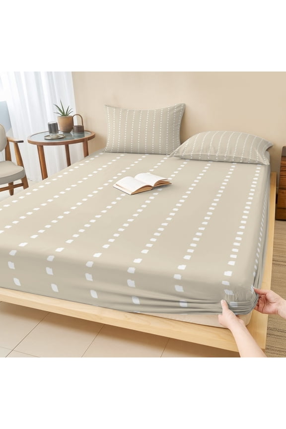 Full Size Fitted Sheet Set - Beige Retro 3 Piece Bedding Sets 16" Deep Pocket Fitted Sheet with 2 Pillowcases, Farmhouse Geometric Vertical Stripes Modern Brushed Microfiber Hotel Luxury Bed Sheets