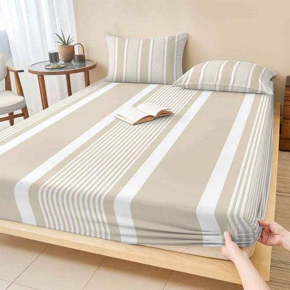 Full Size Fitted Sheet Set - Beige Stripe 3 Piece Bedding Sets 16" Deep Pocket Fitted Sheet with 2 Pillowcases, Cream Striped Modern Minimalist Geometric Lines Brushed Microfiber Hotel Bed Sheets