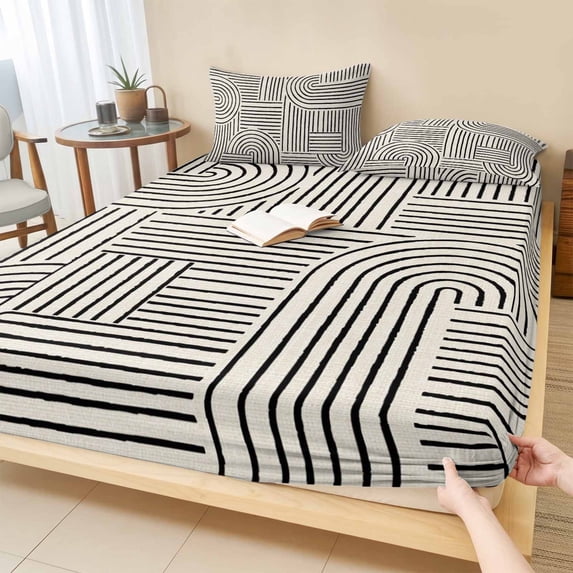Full Size Fitted Sheet Set - Black Boho 3 Piece Bedding Sets 16" Deep Pocket Fitted Sheet with 2 Pillowcases, Abstract Geometric Curves Lines Modern Brushed Microfiber Hotel Luxury Bed Sheets