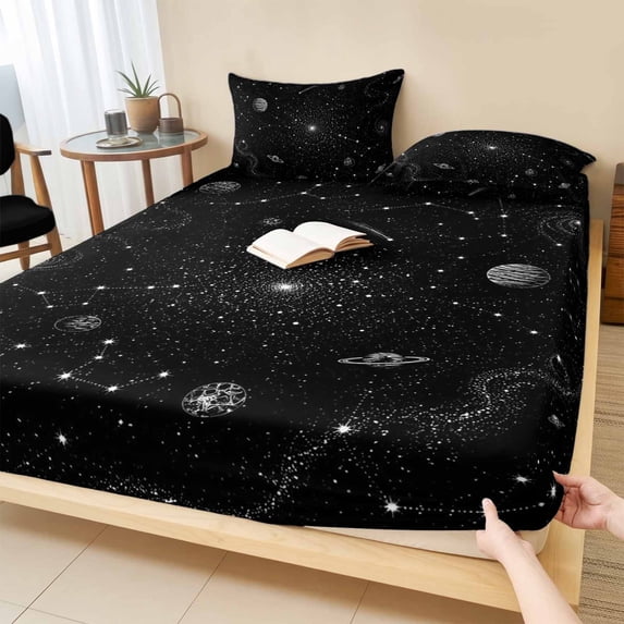 Full Size Fitted Sheet Set - Black Sky 3 Piece Bedding Sets 16" Deep Pocket Fitted Sheet with 2 Pillowcases, Astronomy Night Starry Sky Planetary Universe Brushed Microfiber Hotel Luxury Bed Sheets