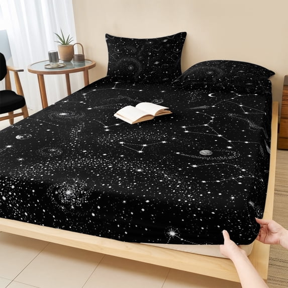 Full Size Fitted Sheet Set - Black Starry Sky 3 Piece Bedding Sets 16" Deep Pocket Fitted Sheet with 2 Pillowcases, Mystical Grey Planet Universe Abstract Brushed Microfiber Hotel Luxury Bed Sheets