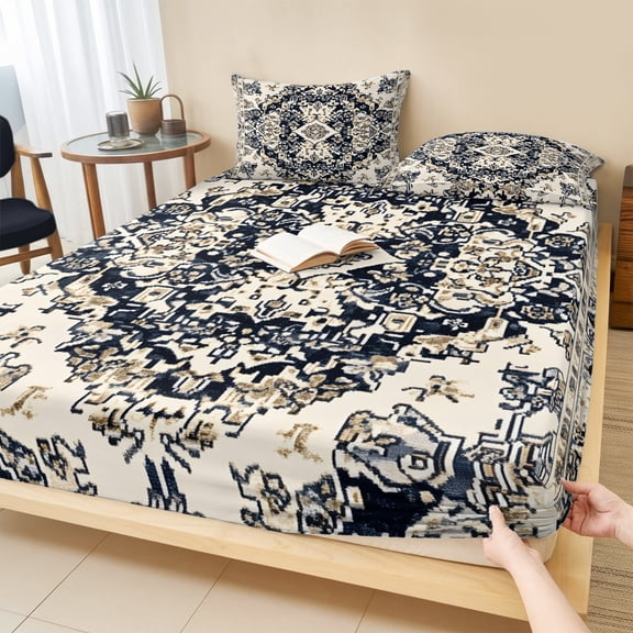 Full Size Fitted Sheet Set - Black White Boho 3 Piece Bedding Sets 16" Deep Pocket Fitted Sheet with 2 Pillowcases Vintage Ethnic Tribe Abstract Art Brushed Microfiber Hotel Luxury Bed Sheets