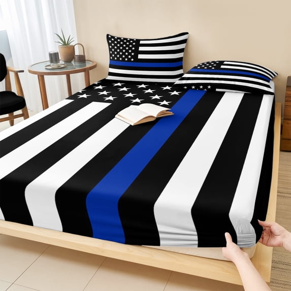 Full Size Fitted Sheet Set - Blue American Flag 3 Piece Bedding Sets 16" Deep Pocket Fitted Sheet with 2 Pillowcases Black White Striped US Flag Stars Brushed Microfiber Hotel Luxury Bed Sheets
