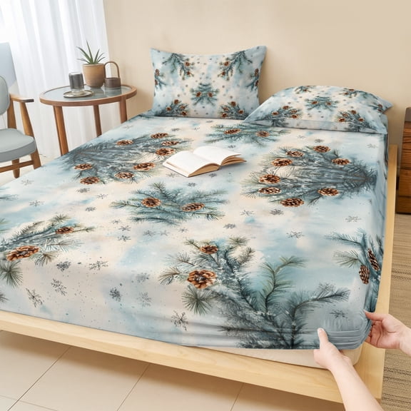 Full Size Fitted Sheet Set - Blue Christmas 3 Piece Bedding Sets 16" Deep Pocket Fitted Sheet with 2 Pillowcases, Xmas Botanical Pine Cones Brushed Microfiber Hotel Luxury Bed Sheets