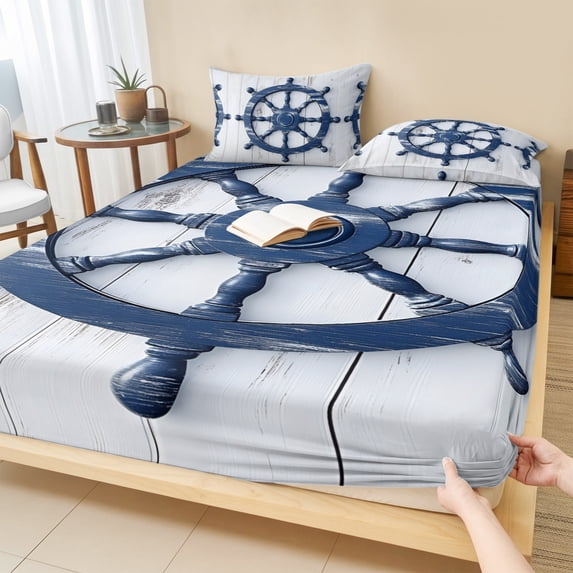 Full Size Fitted Sheet Set - Blue Coastal 3 Piece Bedding Sets 16" Deep Pocket Fitted Sheet with 2 Pillowcases Nautical Summer Beach Ocean Brushed Microfiber Hotel Luxury Bed Sheets