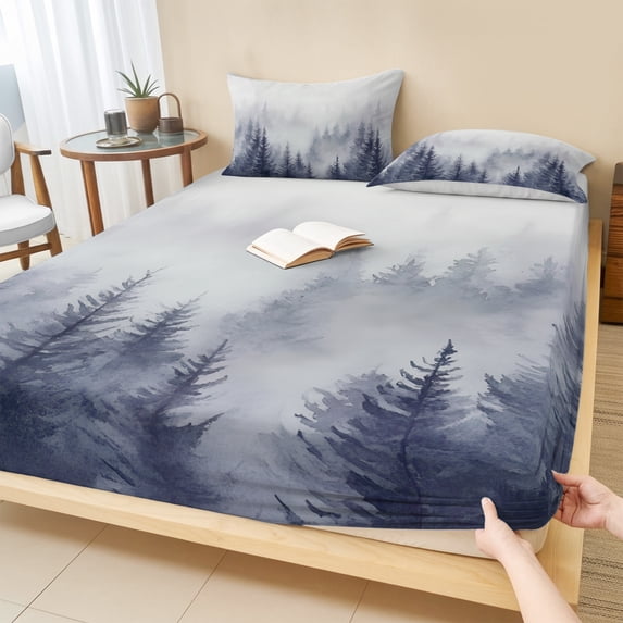 Full Size Fitted Sheet Set - Blue Mist Forest 3 Piece Bedding Sets 16" Deep Pocket Fitted Sheet with 2 Pillowcases Pine Larch Trees Natural Landscape Brushed Microfiber Hotel Luxury Bed Sheets