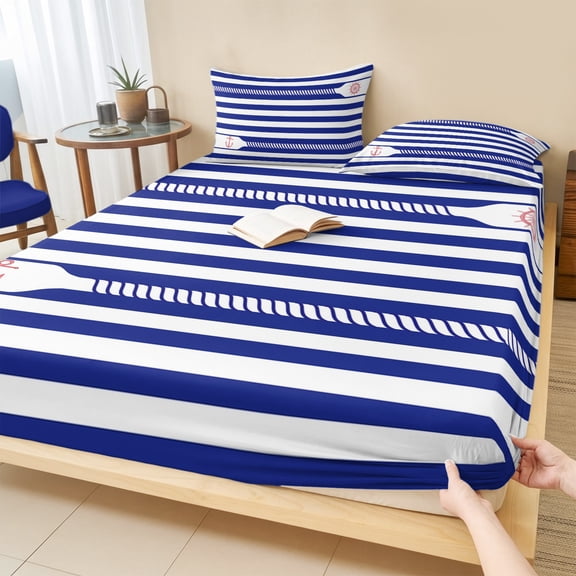 Full Size Fitted Sheet Set - Blue Striped 3 Piece Bedding Sets 16" Deep Pocket Fitted Sheet with 2 Pillowcases Ocean Coastal Red Anchor Rudder Brushed Microfiber Hotel Luxury Bed Sheets