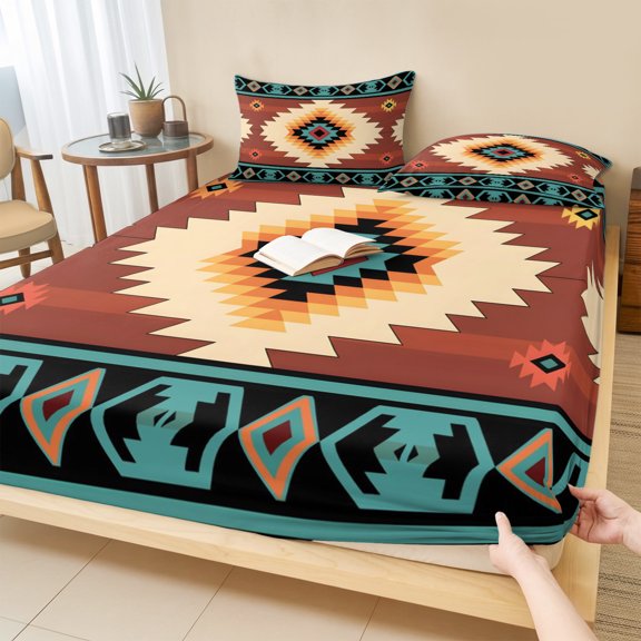 Full Size Fitted Sheet Set - Boho 3 Piece Bedding Sets 16" Deep Pocket Fitted Sheet with 2 Pillowcases Brown Turquoise Abstract Tribal Ethnic Geometric Brushed Microfiber Hotel Luxury Bed Sheets