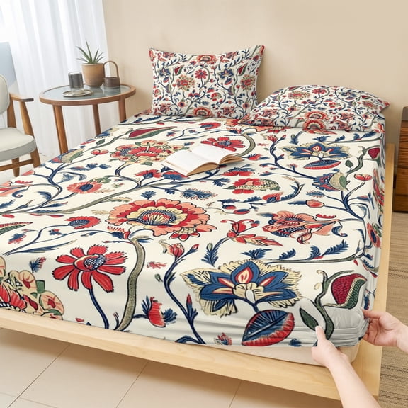 Full Size Fitted Sheet Set - Boho Flowers 3 Piece Bedding Sets 16" Deep Pocket Fitted Sheet with 2 Pillowcases, Watercolor Red Orange Floral Branch Leaf Brushed Microfiber Hotel Luxury Bed Sheets
