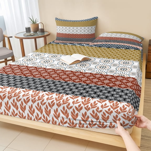 Full Size Fitted Sheet Set - Boho Geometric 3 Piece Bedding Sets 16" Deep Pocket Fitted Sheet with 2 Pillowcases Bohemian Stripes Aztec Tribe Vintage Brushed Microfiber Hotel Luxury Bed Sheets