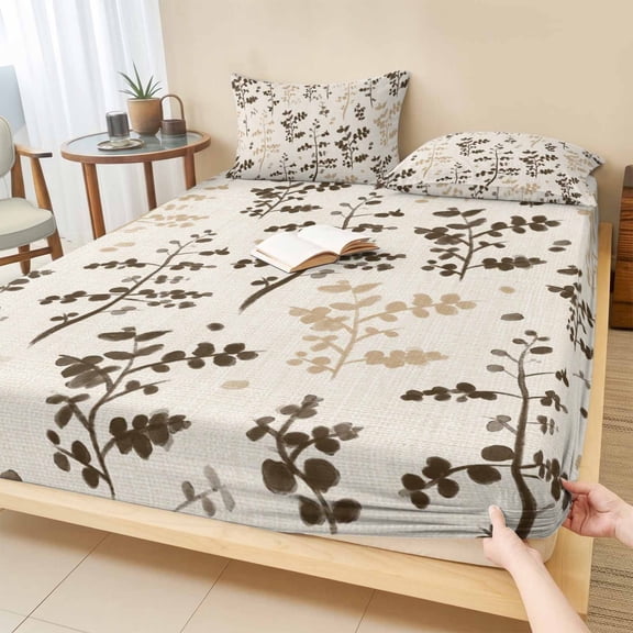 Full Size Fitted Sheet Set - Brown Beige Botanical 3 Piece Bedding Sets 16" Deep Pocket Fitted Sheet with 2 Pillowcases Rustic Country Spring Floral Summer Leaf Brushed Microfiber Hotel Bed Sheets