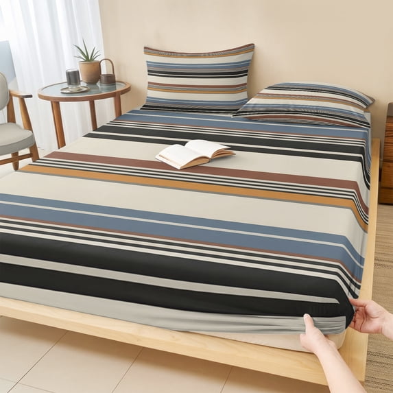 Full Size Fitted Sheet Set - Brown Blue Striped 3 Piece Bedding Sets 16" Deep Pocket Fitted Sheet with 2 Pillowcases Farmhouse Vintage Stripe Brushed Microfiber Hotel Luxury Bed Sheets