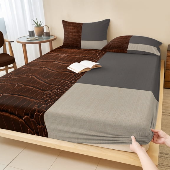 Full Size Fitted Sheet Set - Brown Leather Pattern 3 Piece Bedding Sets 16" Deep Pocket Fitted Sheet with 2 Pillowcases, Modern Art Animals Leather Rustic Brushed Microfiber Hotel Luxury Bed Sheets