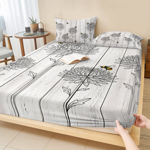 Full Size Fitted Sheet Set - Bumble Bee Flowers 3 Piece Bedding Sets 16" Deep Pocket Fitted Sheet with 2 Pillowcases Farmhouse Animals Flowers Wooden Grain Brushed Microfiber Hotel Luxury Bed Sheets