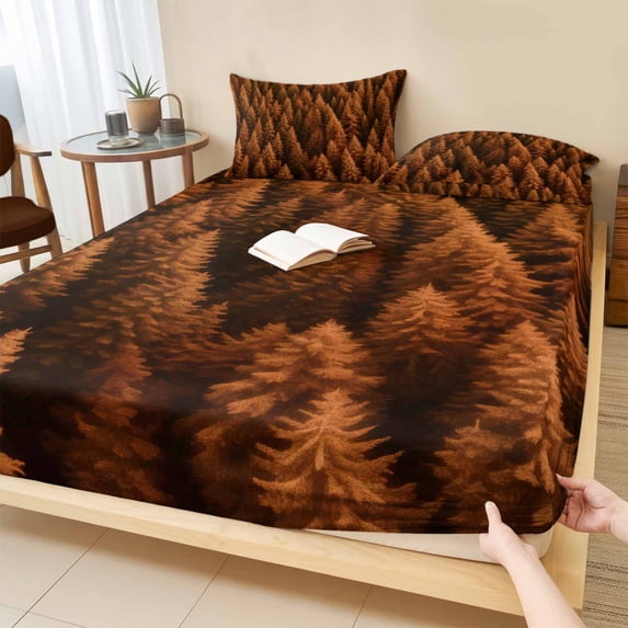 Full Size Fitted Sheet Set - Burnt Orange Forest 3 Piece Bedding Sets 16" Deep Pocket Fitted Sheet with 2 Pillowcases Modern Pine Trees Mysterious Art Brushed Microfiber Hotel Luxury Bed Sheets